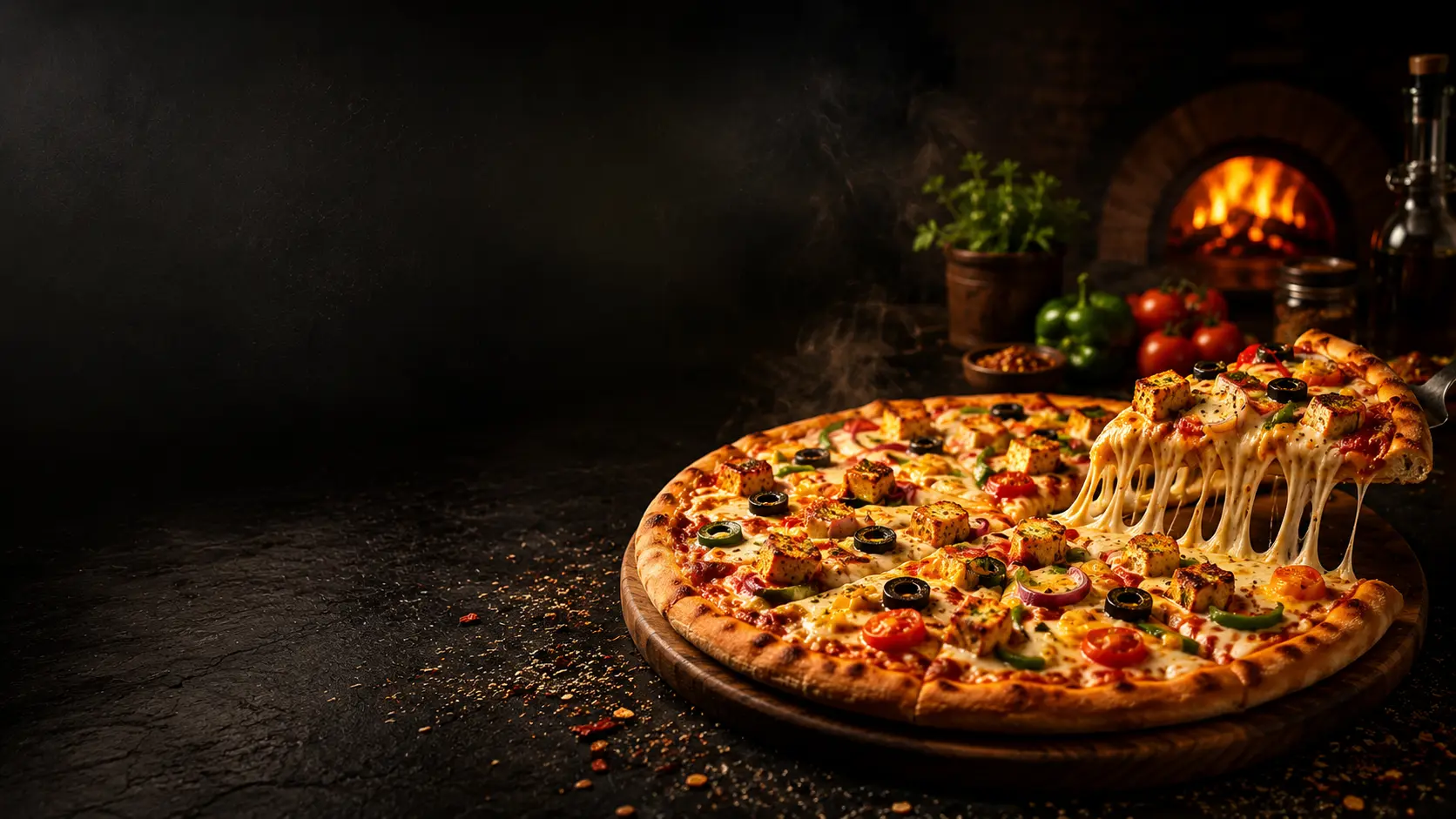 Freshly baked premium pure veg pizza with melted cheese pull, wood-fired oven in background